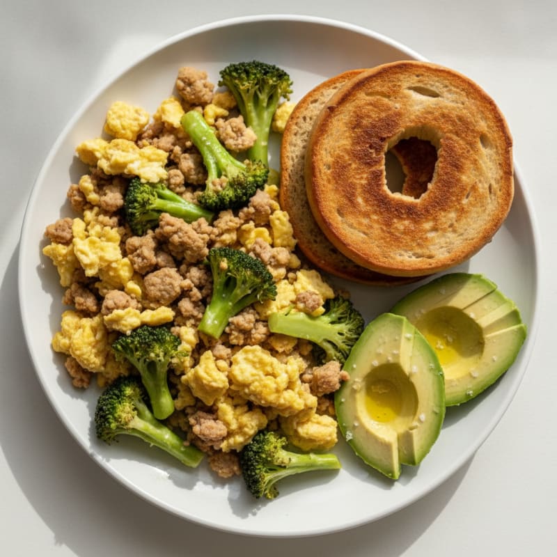 Egg and Turkey Scramble with Sautéed Broccoli and Sola Bagel