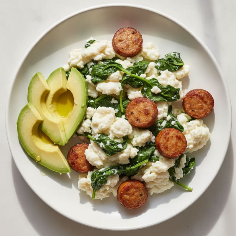 Egg White Spinach Scramble with Turkey Sausage