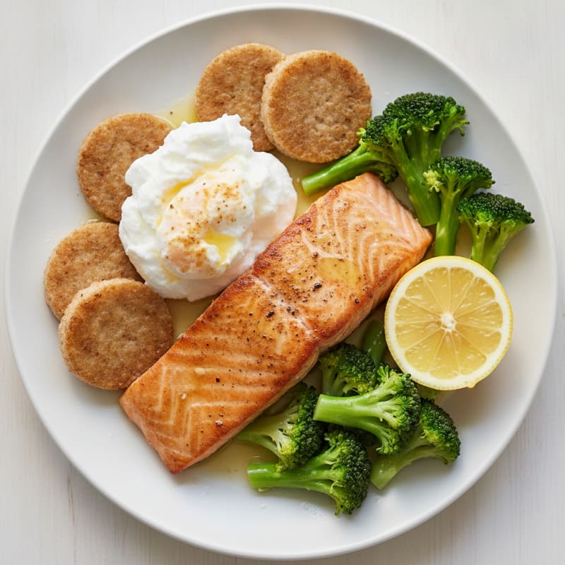 Seared Salmon with Steamed Vegetables and Rice Cakes