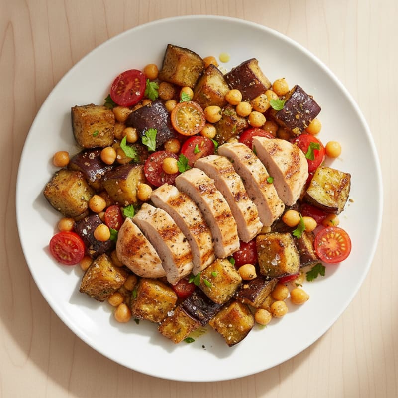 Roasted Aubergine and Tomato Salad with Herbed Chicken