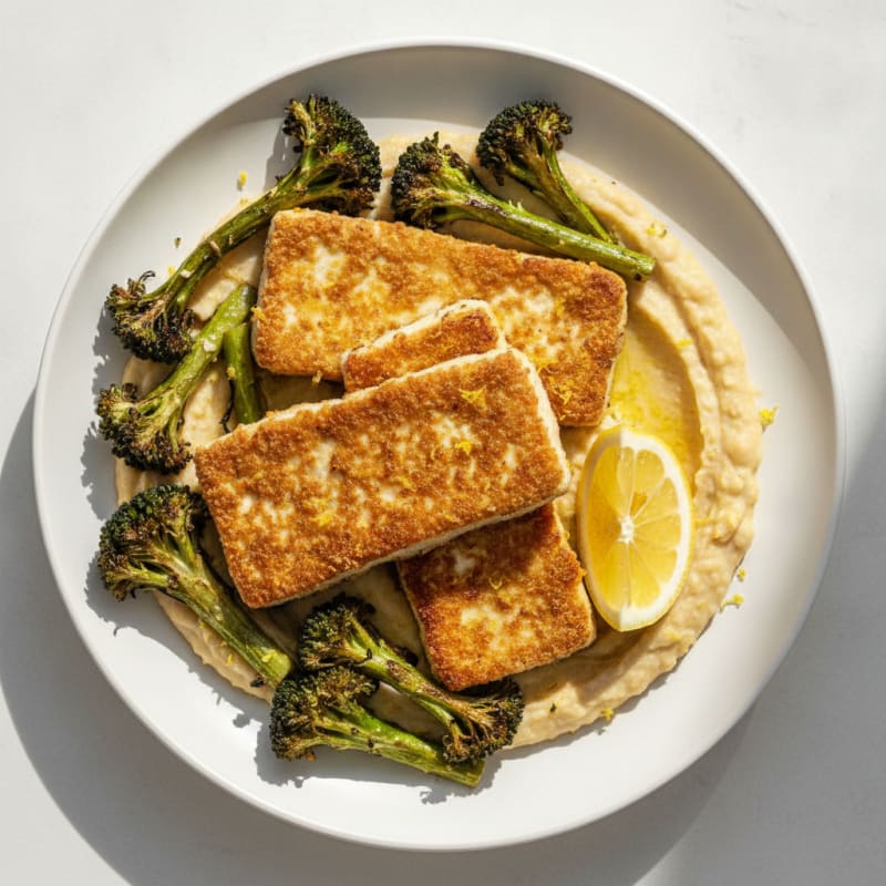 Seared Tofu Steaks with Roasted Broccoli and Creamy White Bean Mash