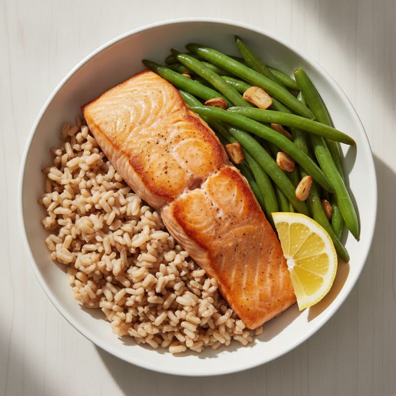 Seared Salmon with Garlic Green Beans and Steamed Brown Rice