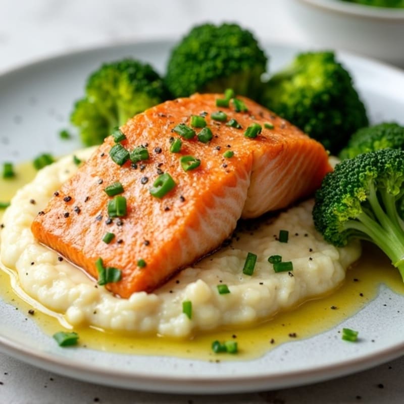 Seared Salmon with Roasted Broccoli and Cauliflower Mash
