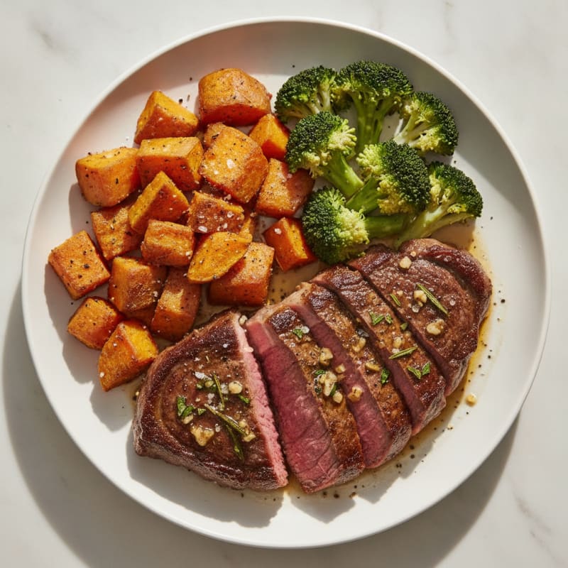 Garlic Herb Steak with Roasted Sweet Potatoes and Broccoli