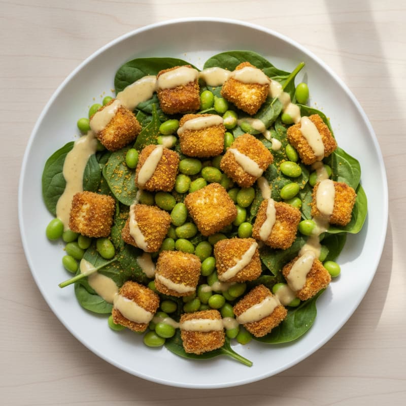 Crispy Tofu and Edamame Power Salad with Lemon Tahini Dressing