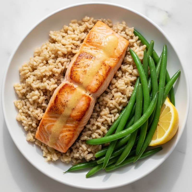Seared Salmon with Steamed Green Beans and Brown Rice