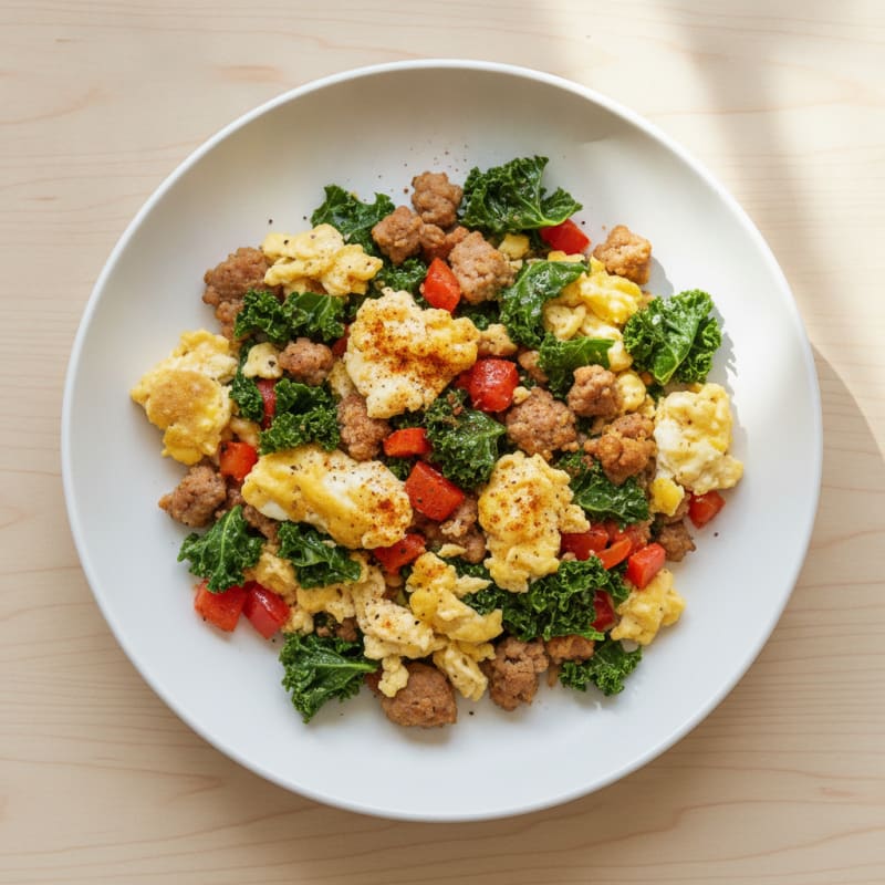 Crispy Turkey Sausage and Kale Egg Scramble