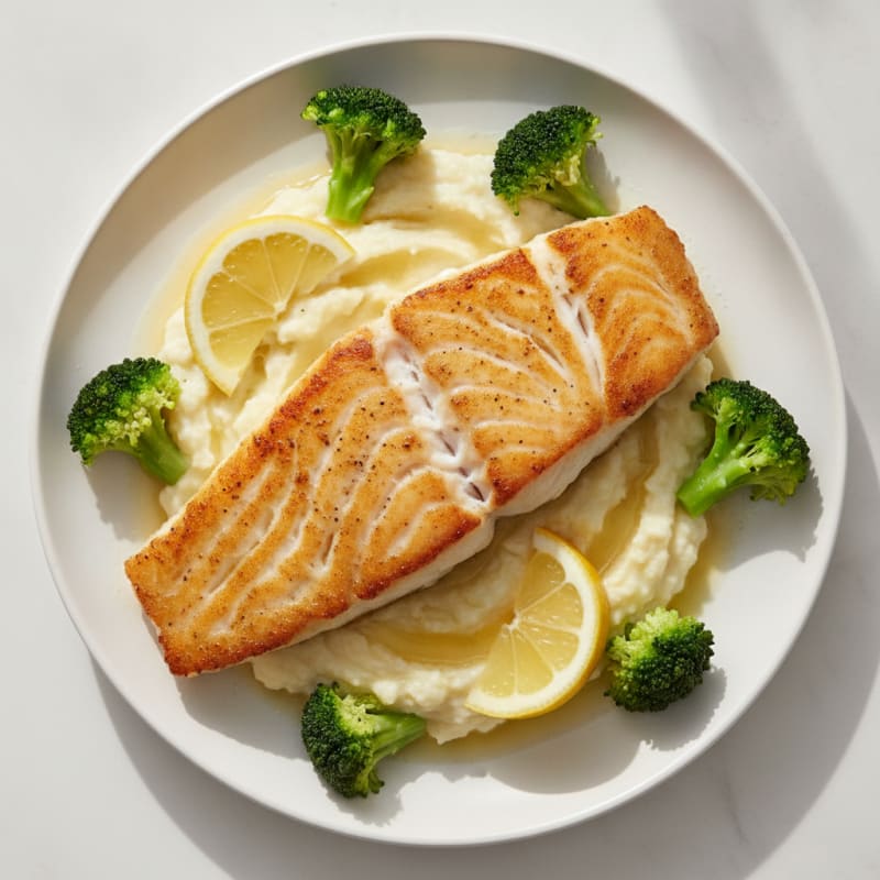 Seared Cod with Steamed Broccoli and Cauliflower Mash