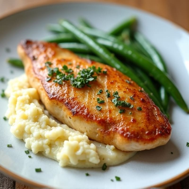 Seared Chicken Breast with Creamy Garlic Cauliflower Mash and Sautéed Green Beans