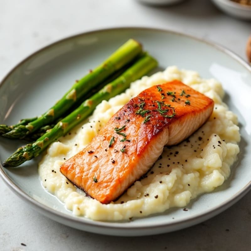 Seared Salmon Fillet with Roasted Asparagus and Cauliflower Mash