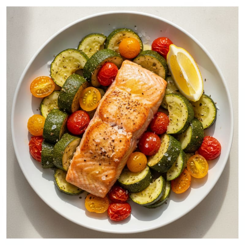Seared Salmon with Roasted Zucchini and Tomato