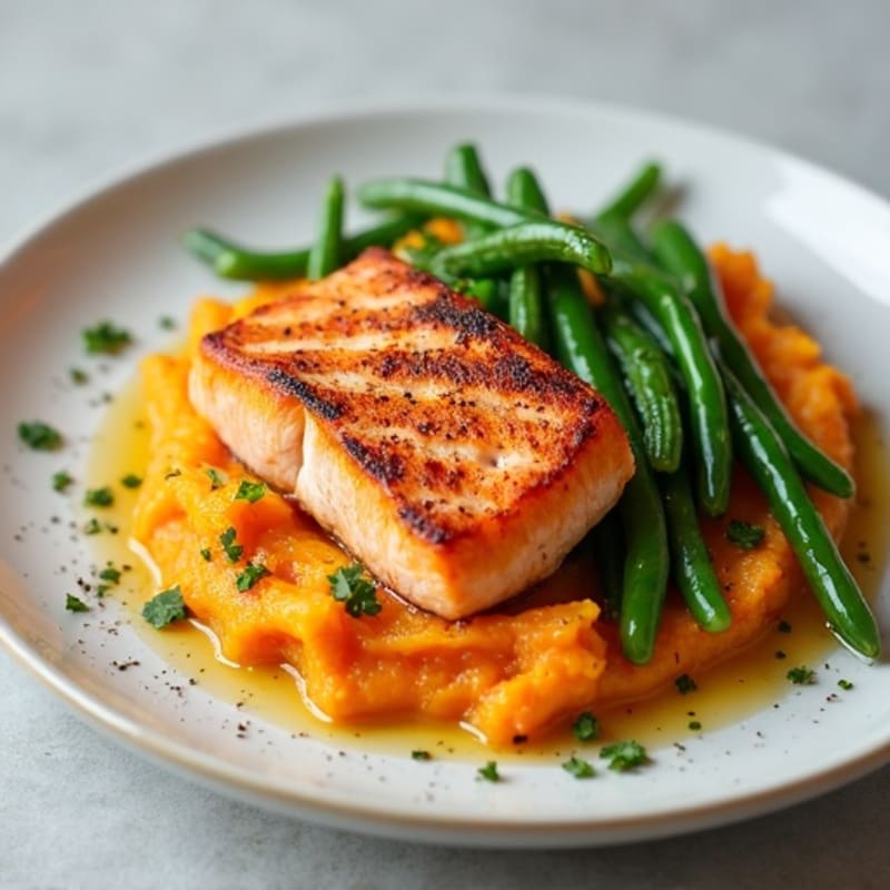 Seared Salmon with Garlic Green Beans and Sweet Potato Mash