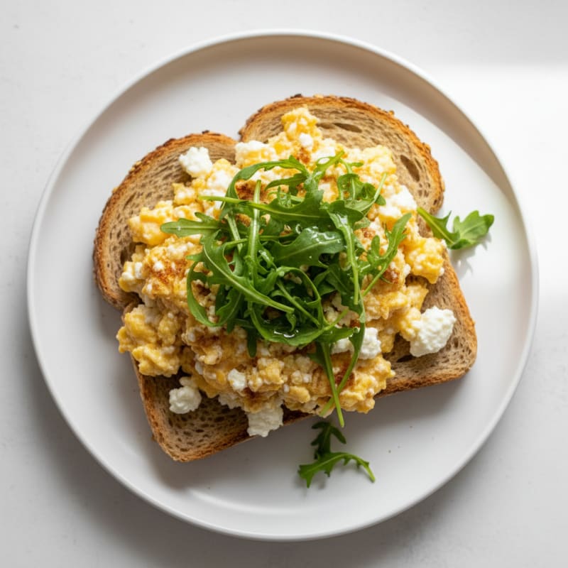 Egg and Cottage Cheese Scramble with Rocket on GF Toast