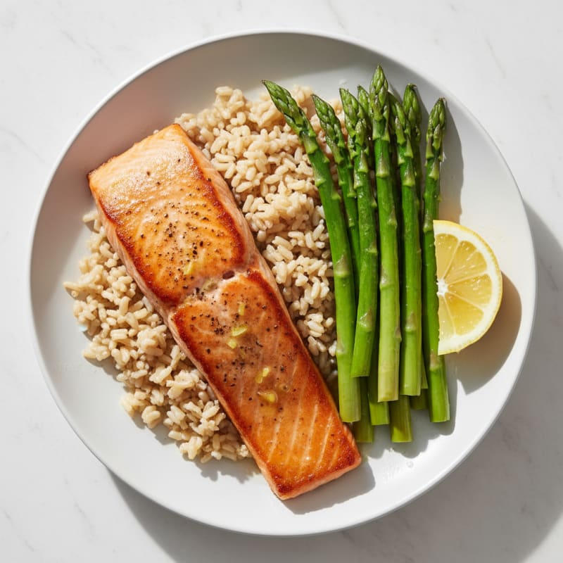 Seared Salmon with Steamed Asparagus and Brown Rice
