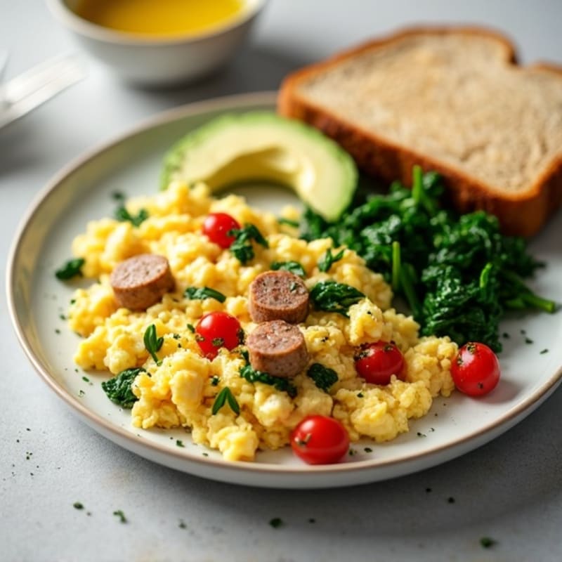 Egg White and Turkey Sausage Scramble with Sautéed Spinach