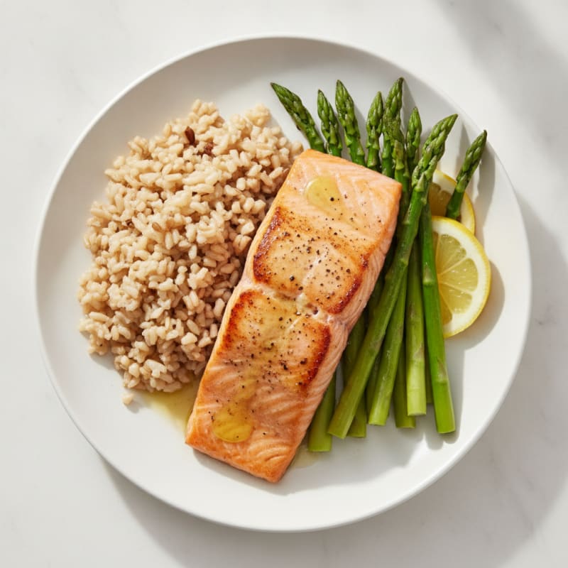 Seared Salmon Filet with Steamed Asparagus and Brown Rice