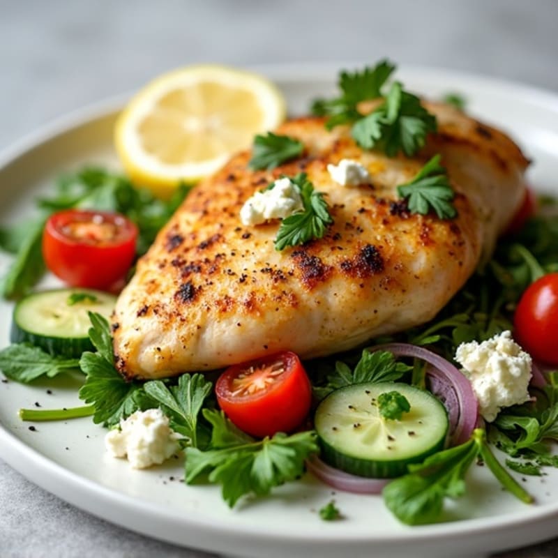 Lemon-Garlic Roasted Chicken with Fresh Herb Salad and Creamy Feta Dressing