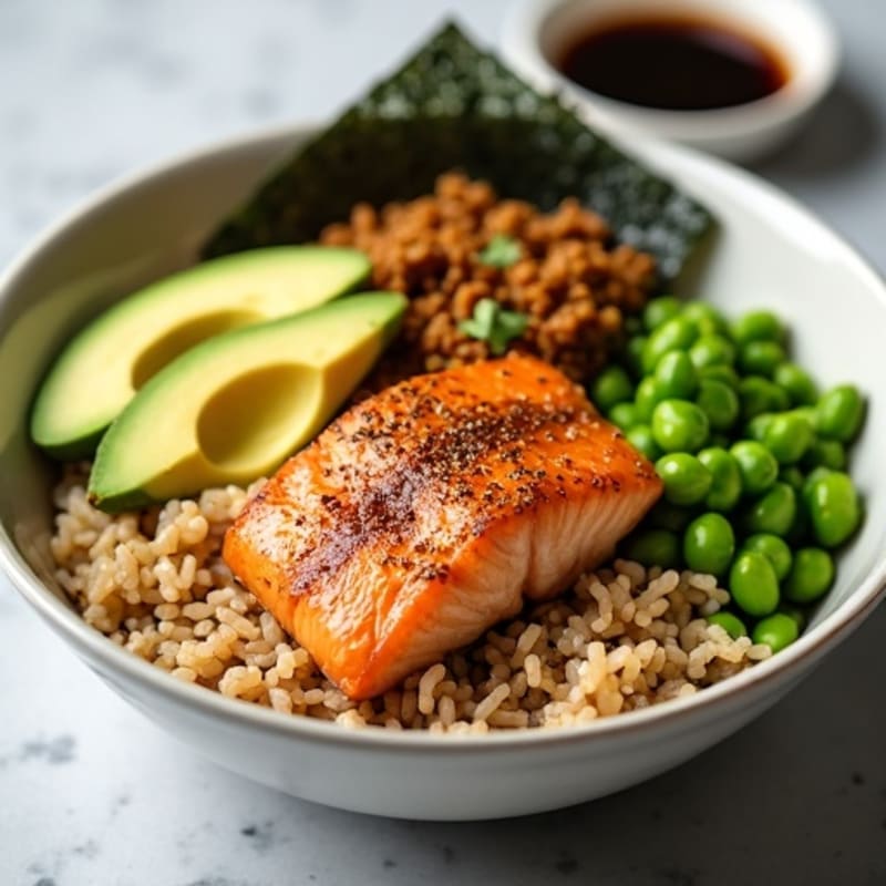 Sesame-Ginger Salmon Rice Bowl with Fresh Avocado and Crispy Nori