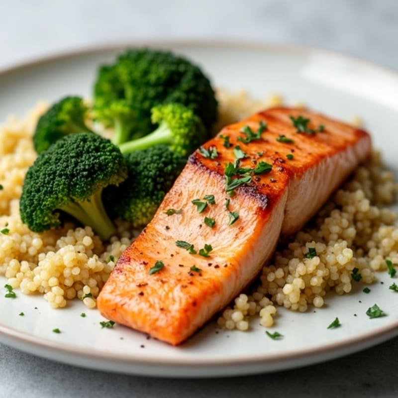 Seared Salmon Fillet with Quinoa and Steamed Broccoli