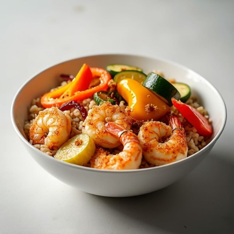 Crispy Shrimp and Chicken Rice Bowl with Roasted Vegetables