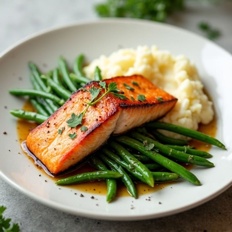 Seared Salmon with Garlic Green Beans and Mashed Cauliflower