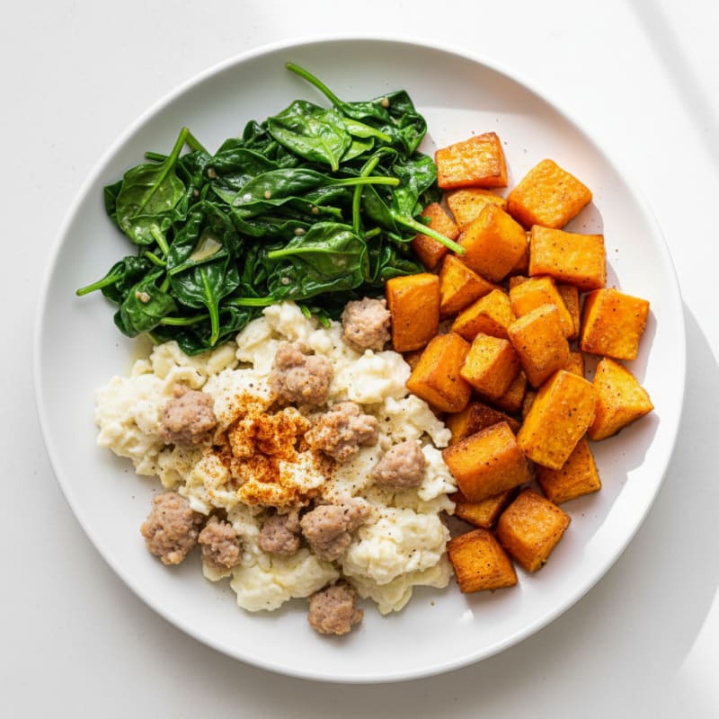 Egg White and Turkey Sausage Scramble with Sautéed Spinach and Roasted Sweet Potatoes