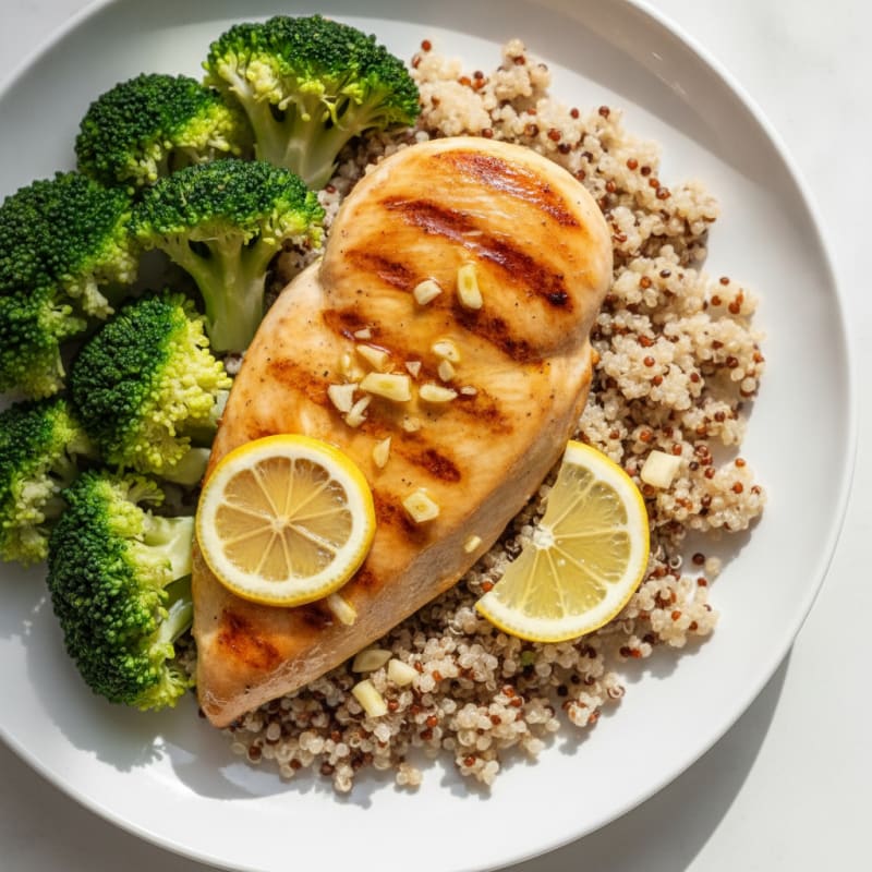 Grilled Lemon Chicken Breast with Quinoa and Steamed Broccoli