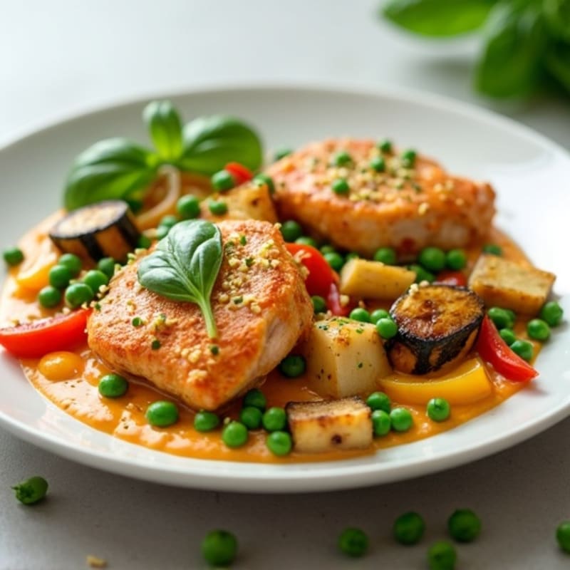 Creamy Thai Coconut Chicken with Peas and Roasted Vegetables