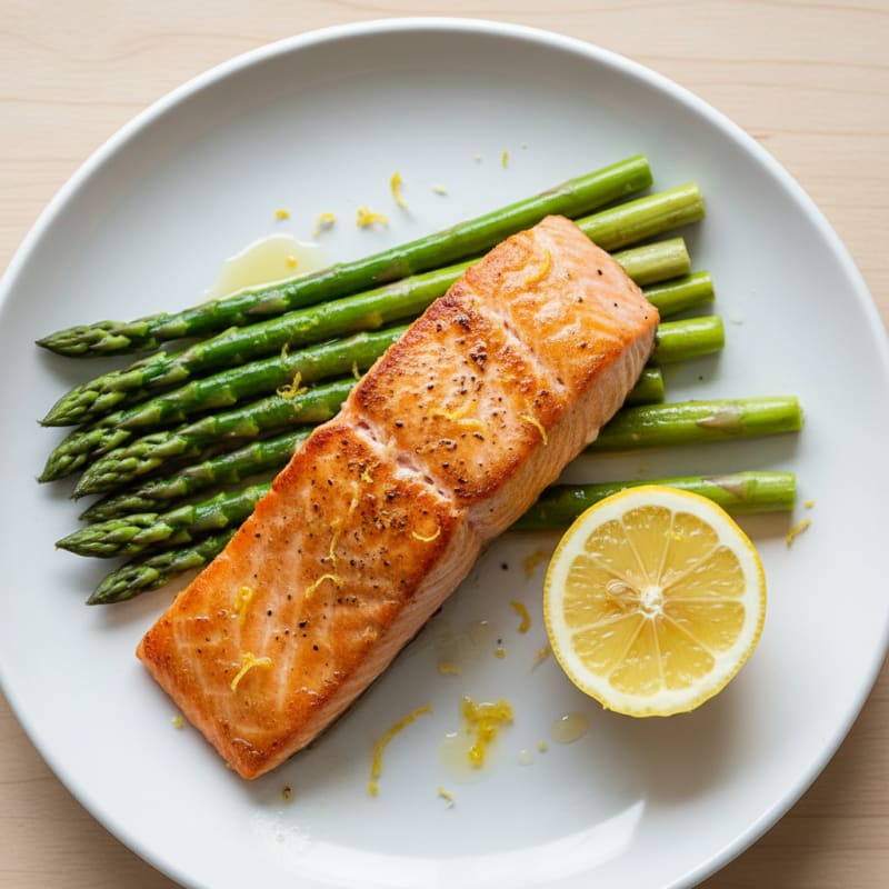 Seared Salmon with Steamed Asparagus and Lemon