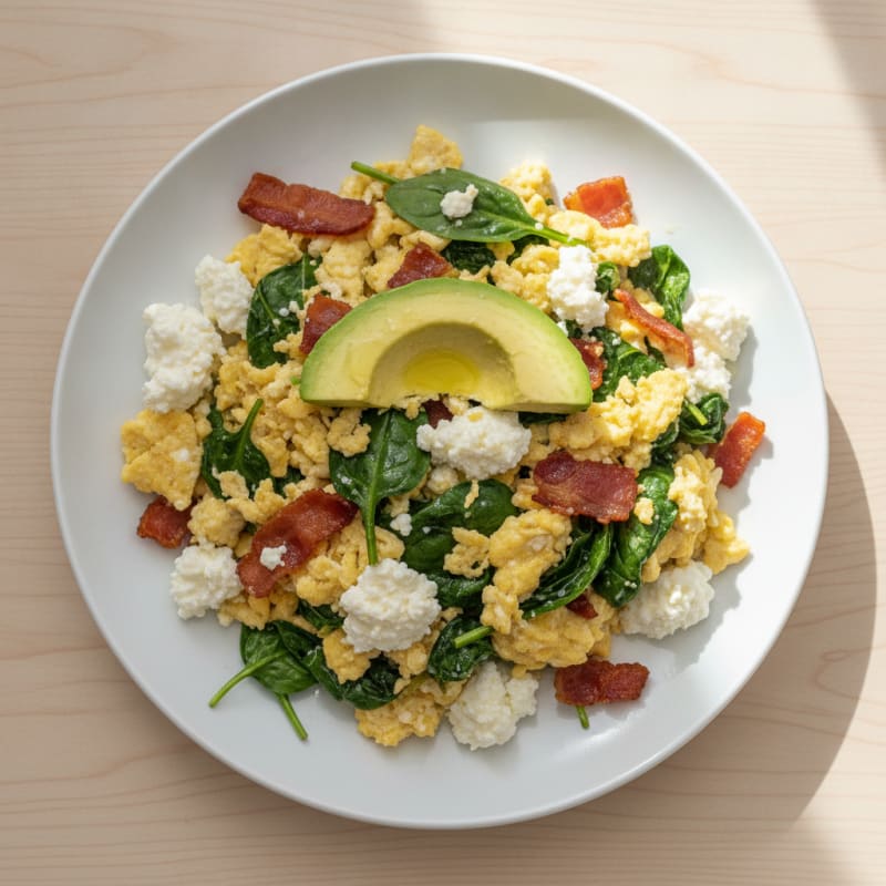 Cottage Cheese Egg Scramble with Spinach and Turkey Bacon
