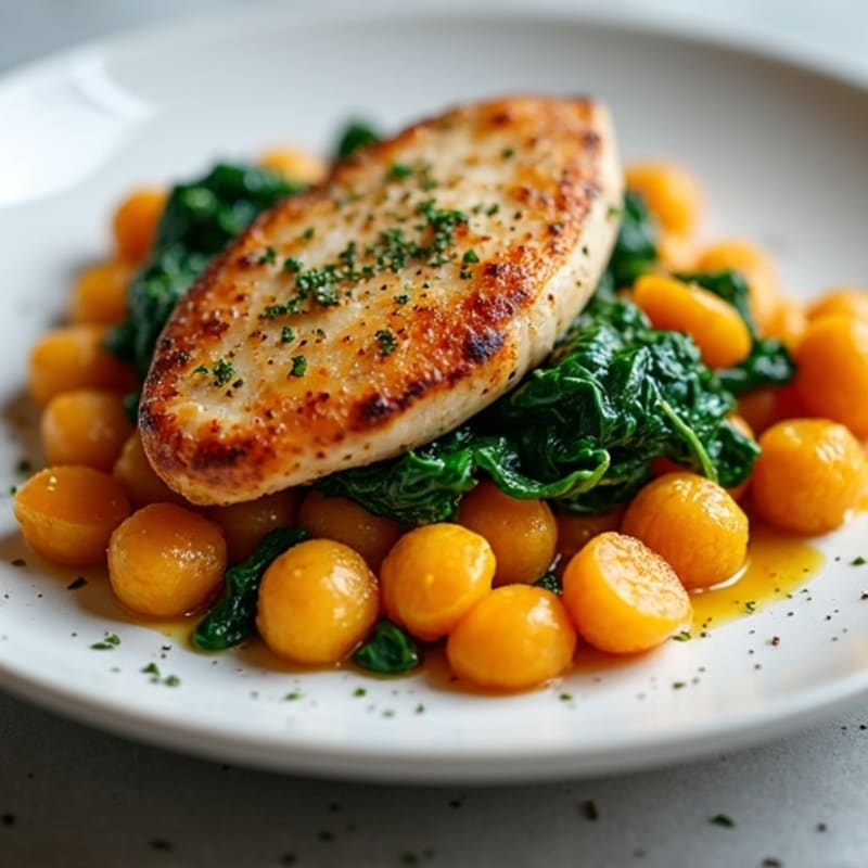 Sweet Potato Gnocchi with Pan-Seared Chicken and Sautéed Garlic Spinach
