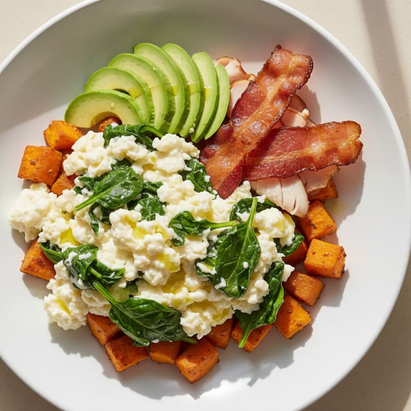 Egg White Scramble Bowl with Spinach and Turkey Bacon