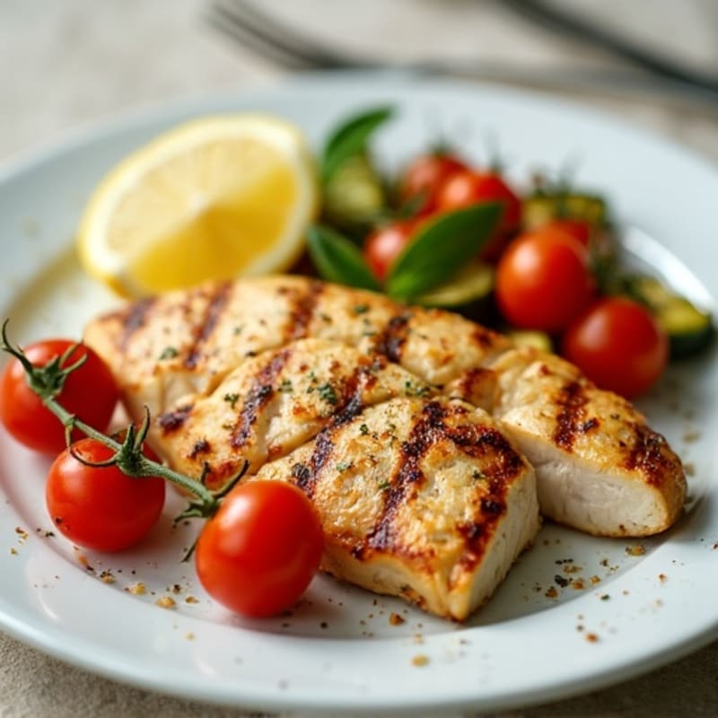 Grilled Chicken Breast with Roasted Zucchini and Cherry Tomatoes