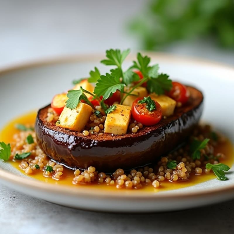 Herb-Roasted Stuffed Eggplant with Quinoa, Lentils, and Tofu