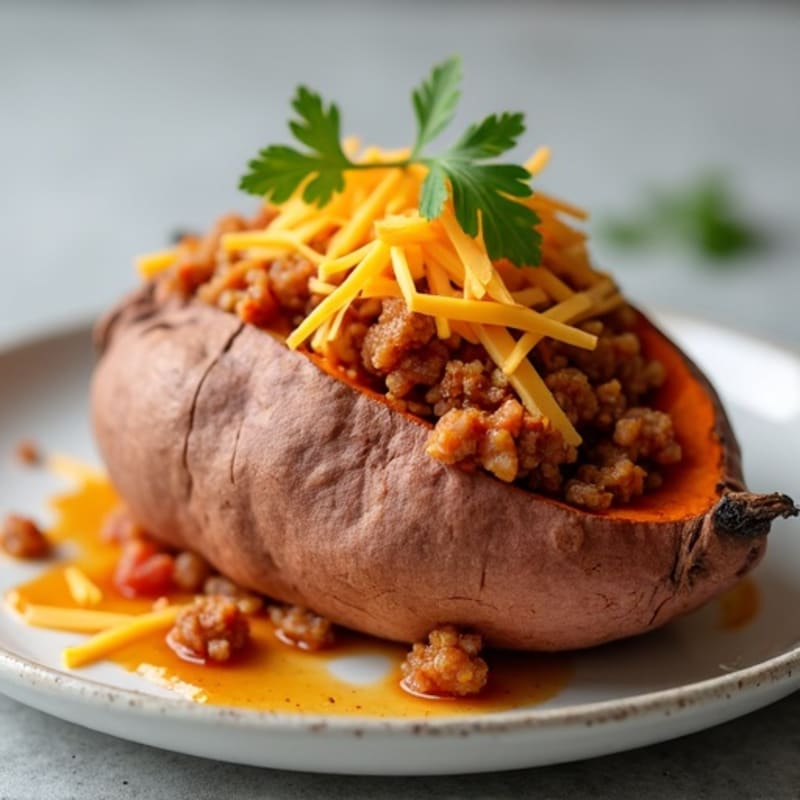 Sweet Potato Stuffed with Lean Turkey Chili and Sharp Cheddar