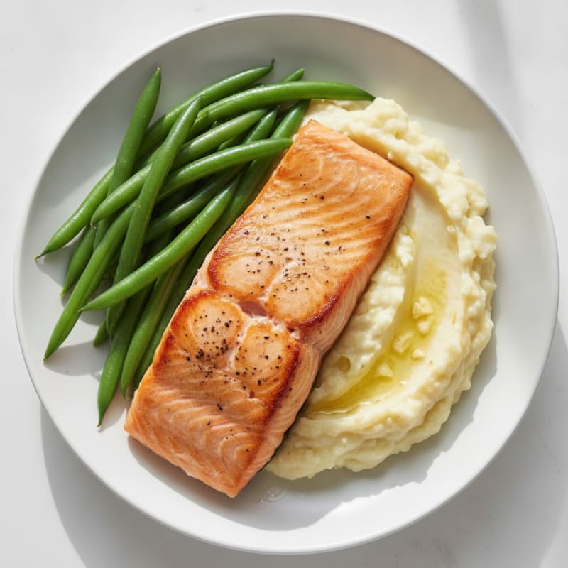 Seared Salmon Fillet with Steamed Green Beans and Garlic Mashed Cauliflower