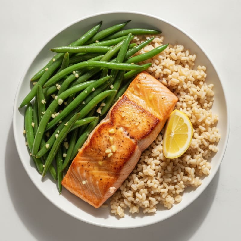 Seared Salmon with Garlic Green Beans and Brown Rice