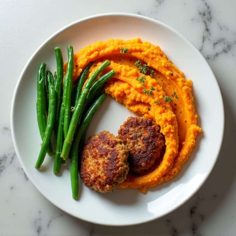 Seared Turkey Patties with Steamed Green Beans and Sweet Potato Mash