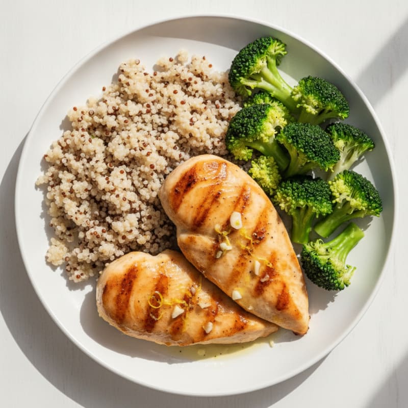 Grilled Lemon-Garlic Chicken Breast with Quinoa and Steamed Broccoli