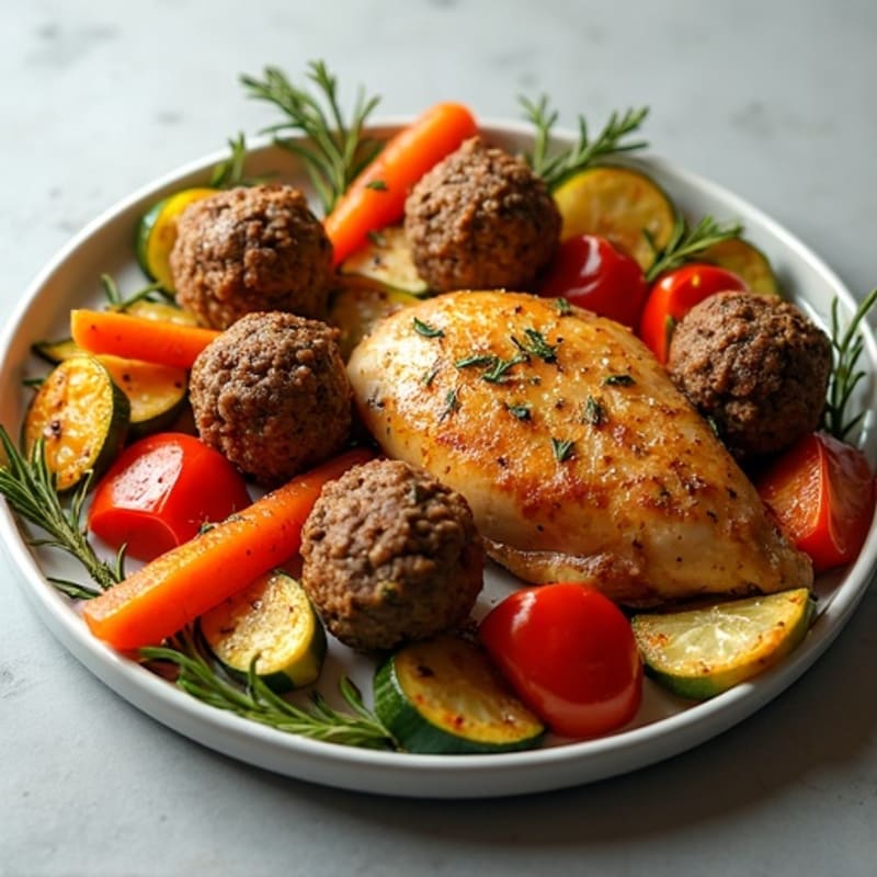 Sheet Pan Herb-Roasted Chicken and Ground Beef Meatballs with Roasted Mixed Vegetables