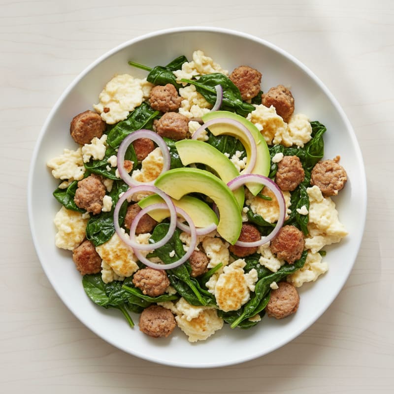 Egg White and Turkey Sausage Scramble with Sautéed Spinach