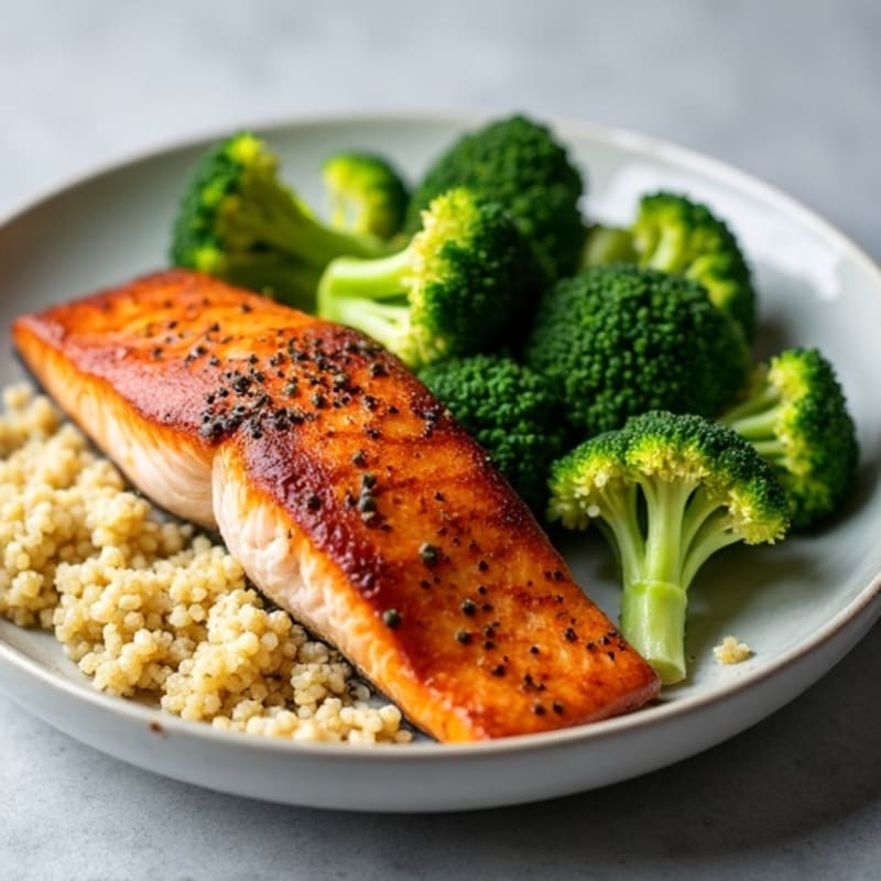 Seared Salmon with Steamed Broccoli and Quinoa