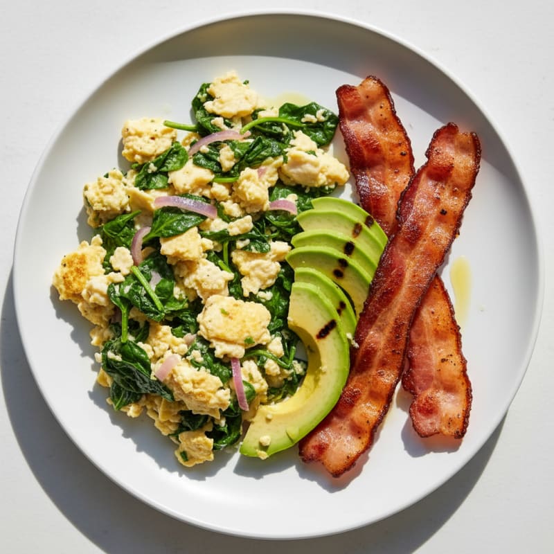 Egg White and Spinach Scramble with Grilled Turkey Bacon
