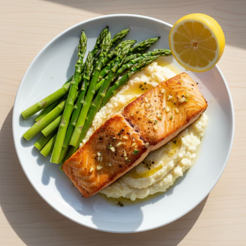 Seared Salmon Fillet with Steamed Asparagus and Cauliflower Mash