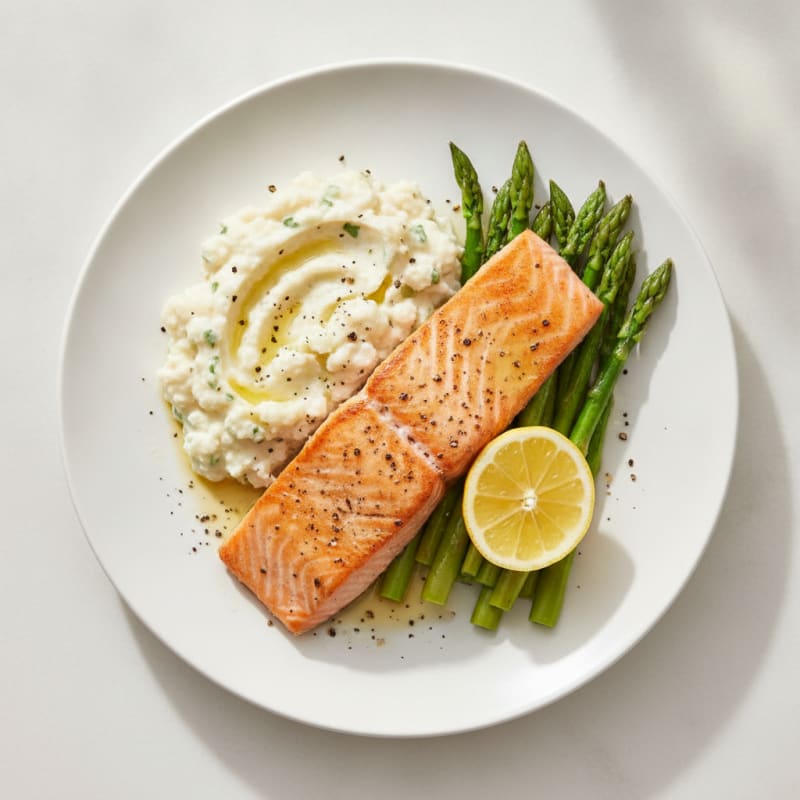 Seared Salmon with Steamed Asparagus and Garlic Mashed Cauliflower