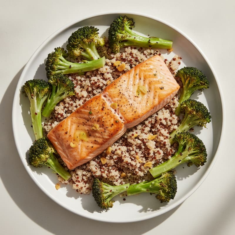 Seared Salmon Fillet with Roasted Broccoli and Quinoa