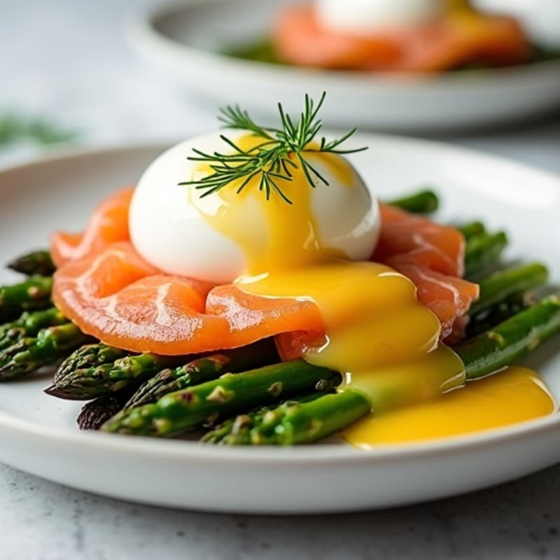 Poached Eggs with Roasted Asparagus, Smoked Salmon, and Creamy Lemon-Dill Sauce