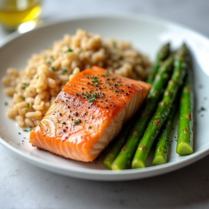 Seared Salmon Fillet with Steamed Asparagus and Brown Rice