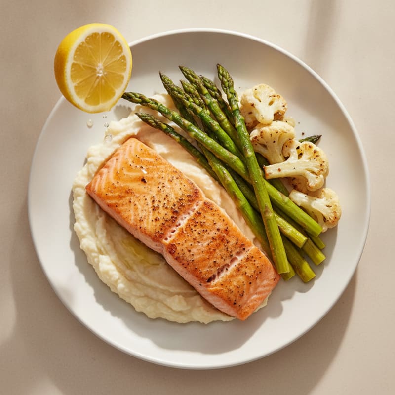 Seared Salmon Fillet with Roasted Asparagus and Cauliflower Mash