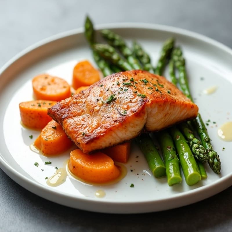 Seared Salmon with Roasted Sweet Potato and Asparagus